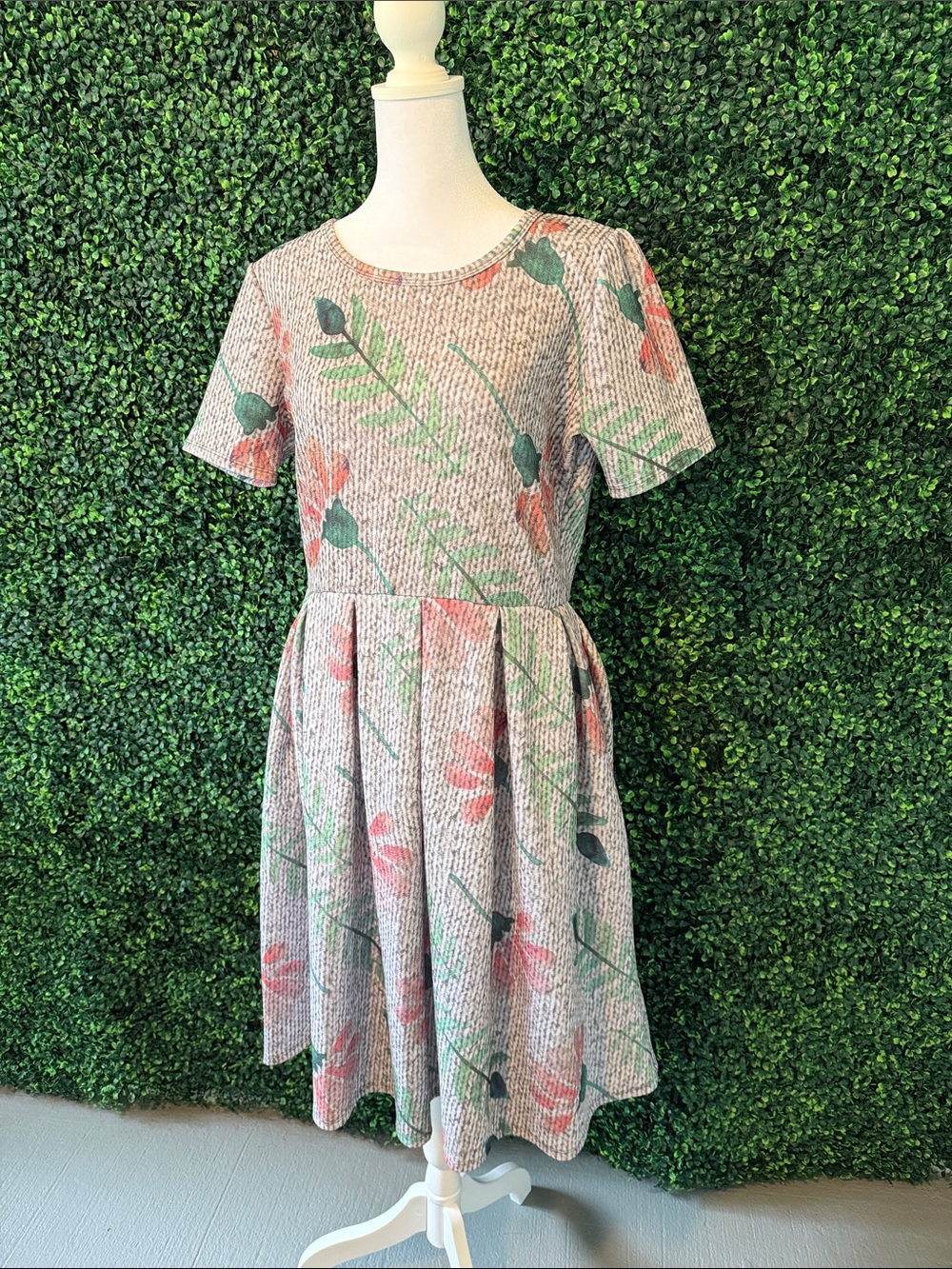 Floral Textured Fit-and-Flare Dress in Soft Pink and Green with Pockets